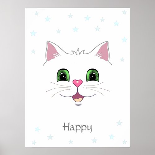 Funny cute white cat face and stars poster