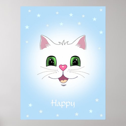 Funny cute white cat face on light blue poster