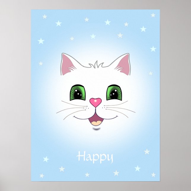 Funny cute white cat face on light blue poster (Front)