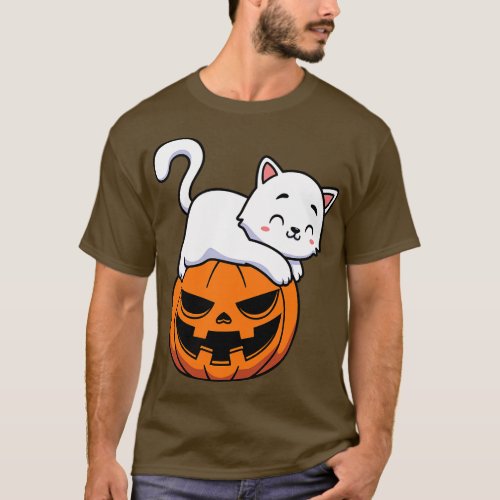 Funny Cute White Cat Laying On Pumpkin Halloween T_Shirt