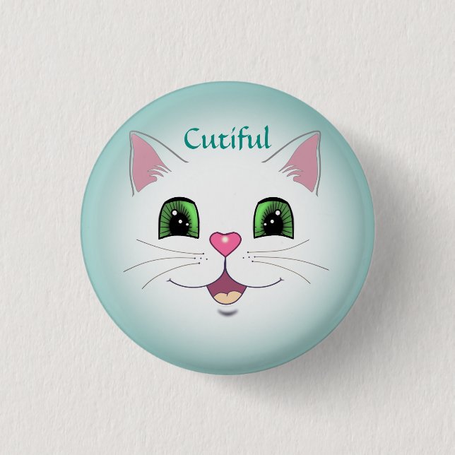 Funny cute white kitty cat face button (Front)