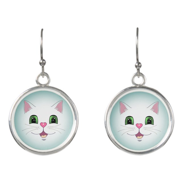 Funny cute white kitty cat face earrings (Front)
