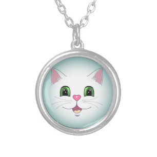 Funny cute white kitty cat face silver plated necklace