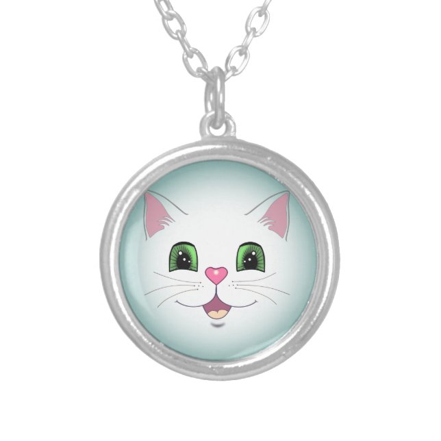 Funny cute white kitty cat face  silver plated necklace (Front)