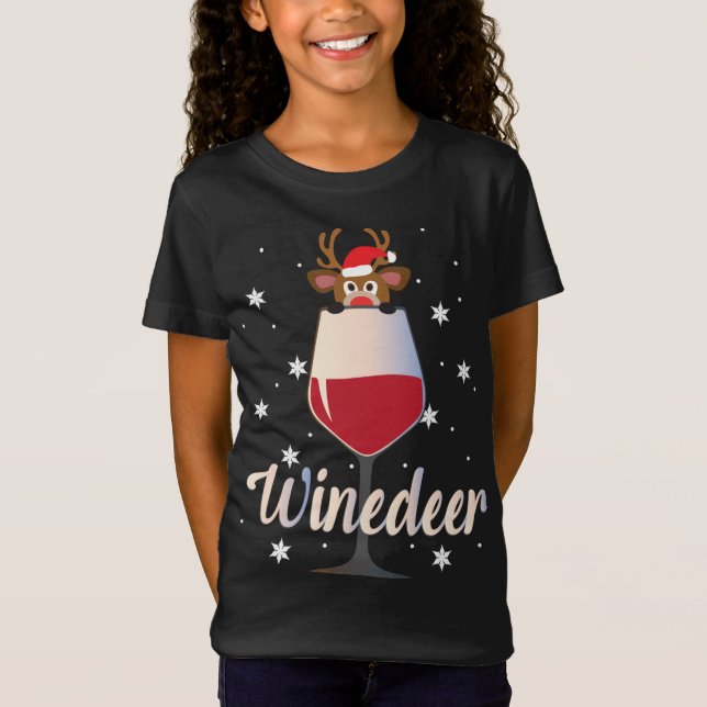 Funny Cute Winedeer Reindeer Wine Drinker Christma T-Shirt (Front)