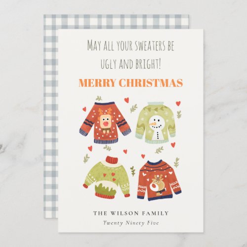 Funny Cute Winter Christmas Hearts Ugly Sweater Holiday Card