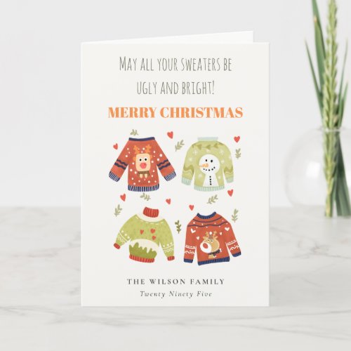 Funny Cute Winter Christmas Hearts Ugly Sweater Holiday Card
