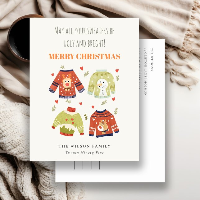 Funny Cute Winter Christmas Hearts Ugly Sweater Holiday Postcard (Creator Uploaded)