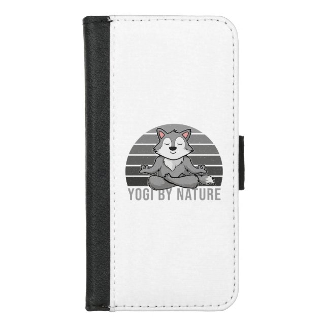 Funny cute wolf doing yoga. funny yoga poses iPhone wallet case (Front)