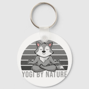 Funny cute wolf doing yoga. funny yoga poses keychain