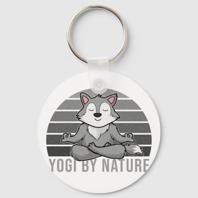 Funny cute wolf doing yoga. funny yoga poses keychain (Front)