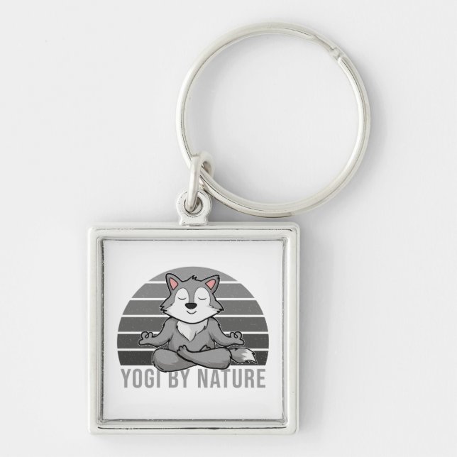 Funny cute wolf doing yoga. funny yoga poses keychain (Front)