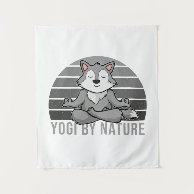 Funny cute wolf doing yoga. funny yoga poses tapestry (Front)