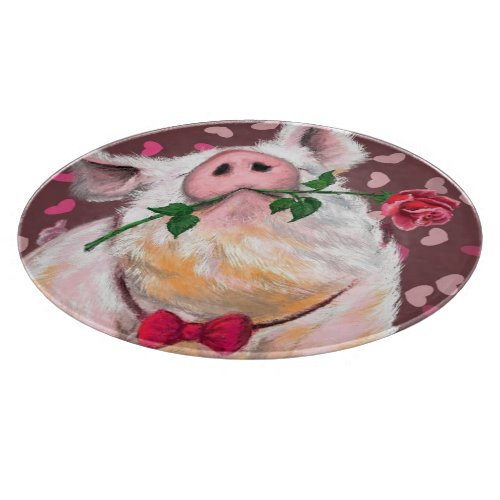 Funny Cutting Board Gentleman Pig with Rose
