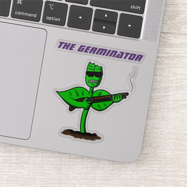 Funny cyborg germinator plant cartoon sticker (Detail)