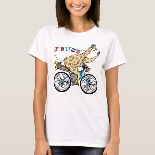 Funny cycle touring cartoon giraffe bikepacking T_Shirt