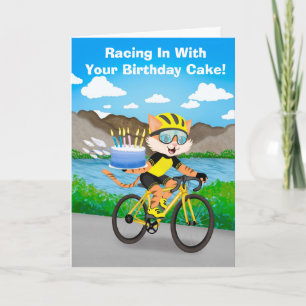 Funny Cycling Cat Birthday Bicycle Cake Delivery Card