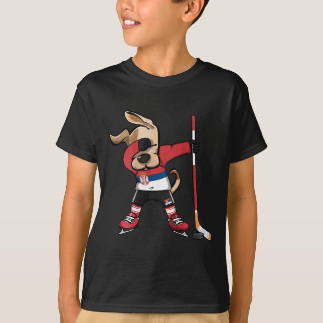 Funny Dabbing Dog Serbia Ice Hockey Fans Jersey Da T-Shirt (Front)