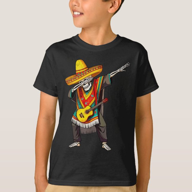 Funny Dabbing Mexican Skeleton Poncho Cinco De May T-Shirt (Front)