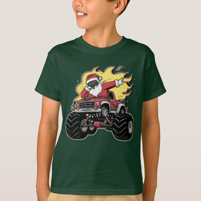 Funny Dabbing Santa Black Quad Monster Truck T-Shirt (Front)