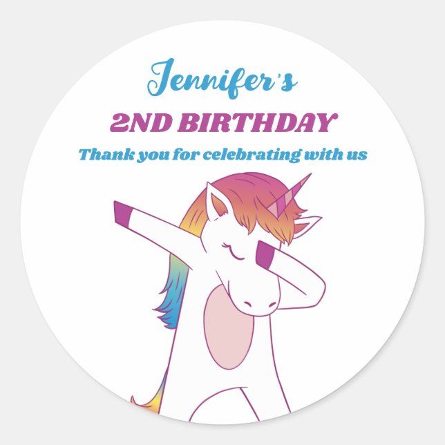Funny Dabbing Unicorn Kids Birthday Party Favor Classic Round Sticker (Front)