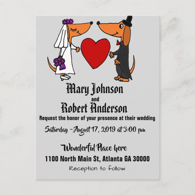 Funny Dachshund Bride and Groom Wedding Invitation Postcard (Front)