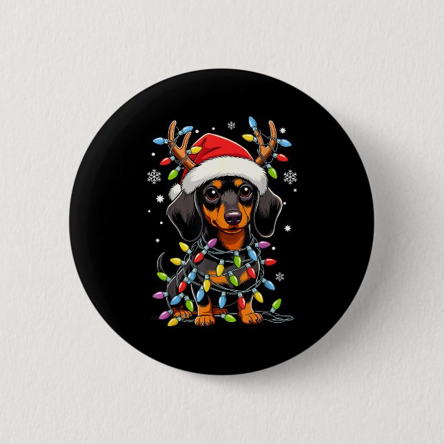 Funny Dachshund Christmas Lights Santa Hat Xmas  Button (Front)