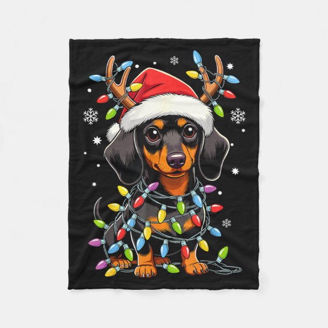 Funny Dachshund Christmas Lights Santa Hat Xmas  Fleece Blanket (Front)