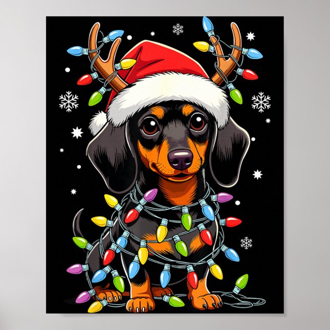 Funny Dachshund Christmas Lights Santa Hat Xmas  Poster (Front)
