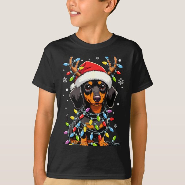 Funny Dachshund Christmas Lights Santa Hat Xmas  T-Shirt (Front)