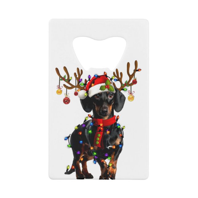 Funny Dachshund Christmas Reindeer Christmas Light Credit Card Bottle Opener (Front)