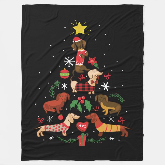 Funny Dachshund Christmas Tree Fleece Blanket (Front)