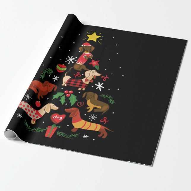 Funny Dachshund Christmas Tree Wrapping Paper (Unrolled)