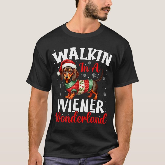 Funny Dachshund Cute Christmas Dog Lover Walking I T-Shirt (Front)