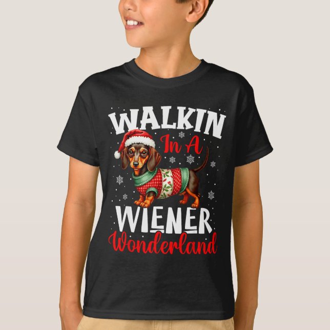 Funny Dachshund Cute Christmas Dog Lover Walking I T-Shirt (Front)