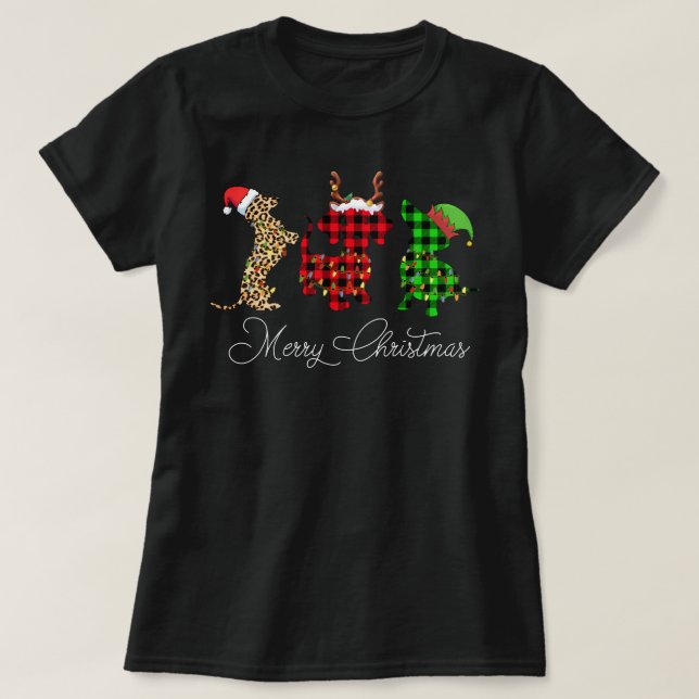 Funny Dachshund Dog Christmas Leopard Plaid Santa  T-Shirt (Design Front)