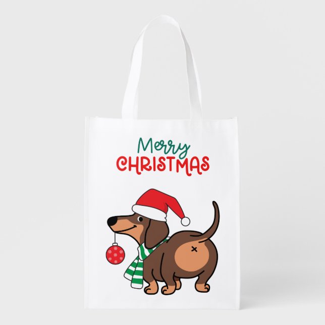 Funny Dachshund Dog Cute Merry Christmas  Grocery Bag (Front)