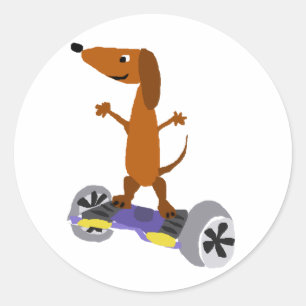 Funny Dachshund Dog on Hoverboard Classic Round Sticker
