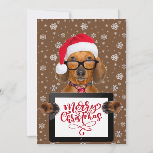 Funny Dachshund Dog Pet Glasses Tablet Merry Xmas Holiday Card