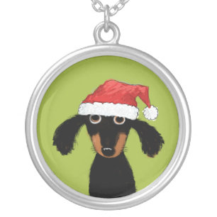 Funny Dachshund Dog Santa   Christmas Holiday Silver Plated Necklace