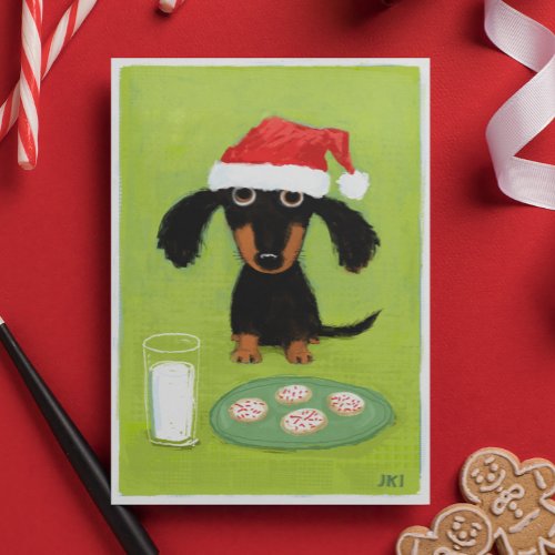 Funny Dachshund Dog Santa with Milk and Cookies Holiday Card
