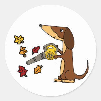 Funny Dachshund Dog Using Leaf Blower Classic Round Sticker by Petspower at Zazzle