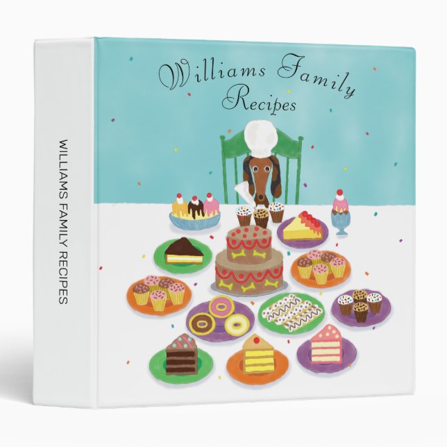 Funny Dachshund Dog w/ Desserts Family Recipe 3 Ring Binder (Front/Spine)