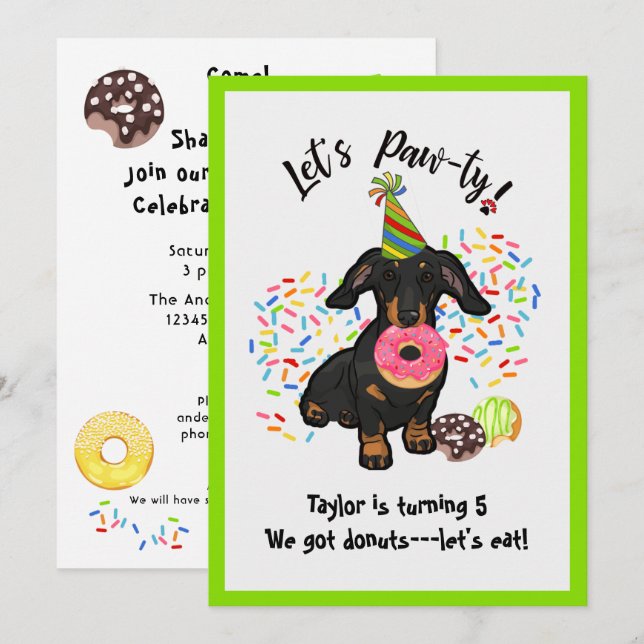 Funny Dachshund Donut Birthday Party Invitation (Front/Back)