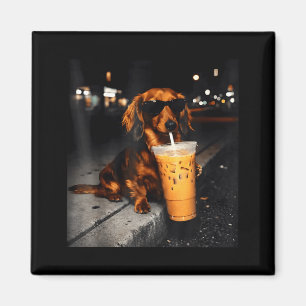 Funny dachshund drinking iced coffee cute dog meme magnet