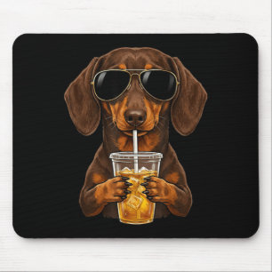Funny dachshund drinking iced coffee cute dog meme mouse pad