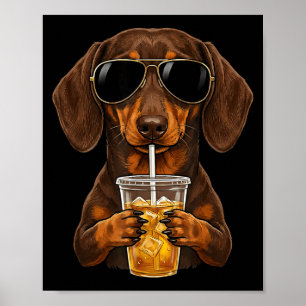 Funny dachshund drinking iced coffee cute dog meme poster
