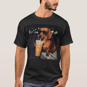 Funny Dachshund Drinking Iced Coffee Dog Meme T-Shirt
