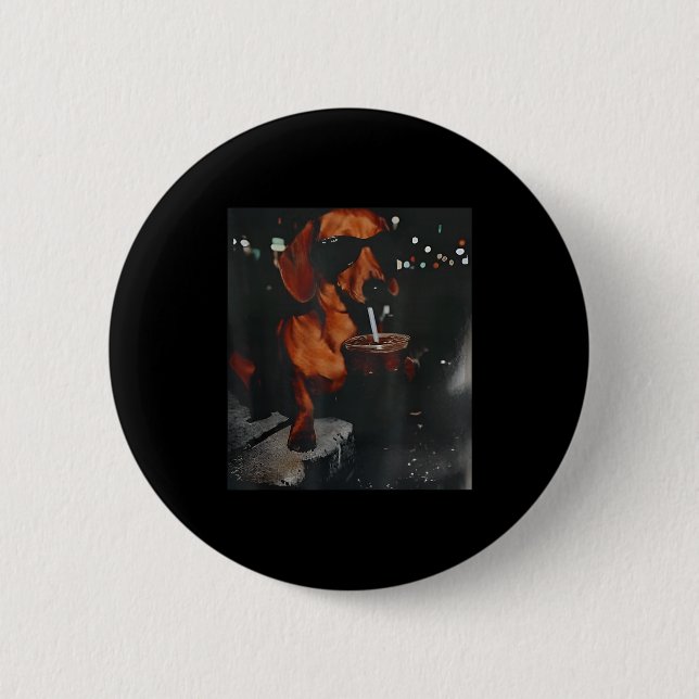 Funny dachshund drinking iced coffee lover dog button (Front)