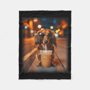Funny dachshund drinking iced coffee lover dog fleece blanket